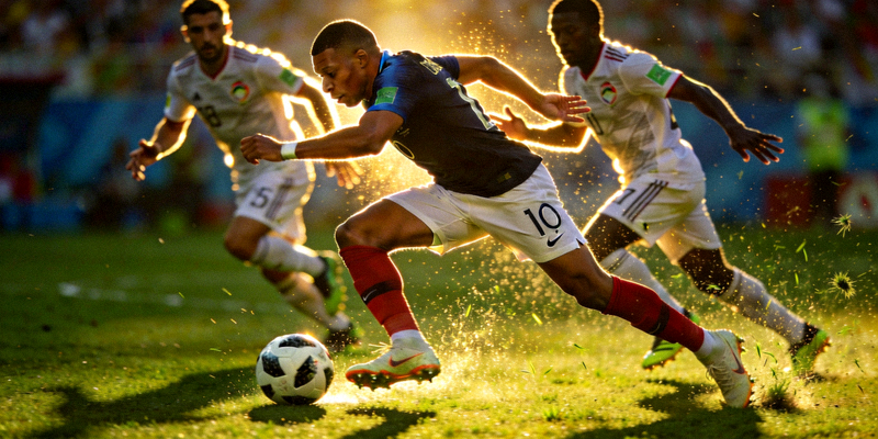 法国队球员姆巴佩突破防守的瞬间